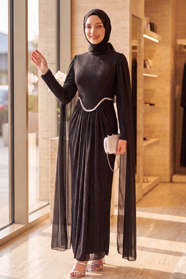 High Neck, Stone Detail Chiffon Cape, Lined, Glittery Jersey Evening Dress -Black