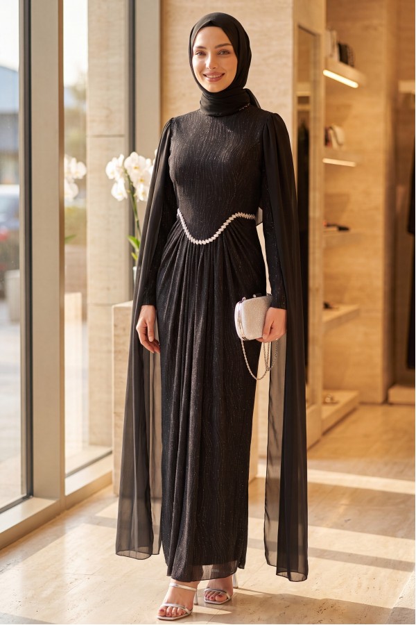 High Neck, Stone Detail Chiffon Cape, Lined, Glittery Jersey Evening Dress -Black