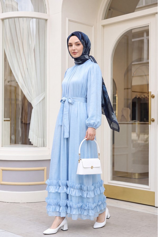 Long dress with ruffled neckline and hem, elasticated sleeves, crinkle crepe lining. -Baby Blue