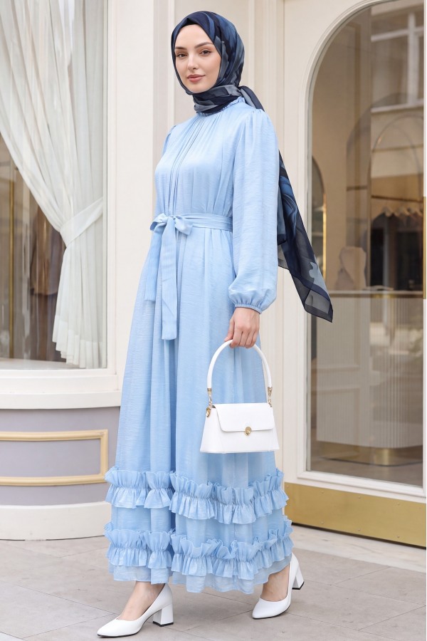 Long dress with ruffled neckline and hem, elasticated sleeves, crinkle crepe lining. -Baby Blue