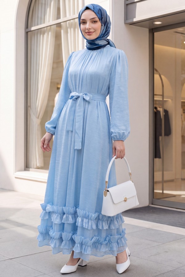 Long dress with ruffled neckline and hem, elasticated sleeves, crinkle crepe lining. -Baby Blue