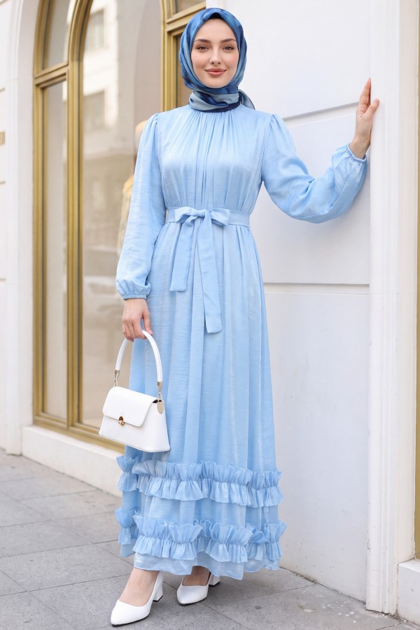 Long dress with ruffled neckline and hem, elasticated sleeves, crinkle crepe lining. -Baby Blue