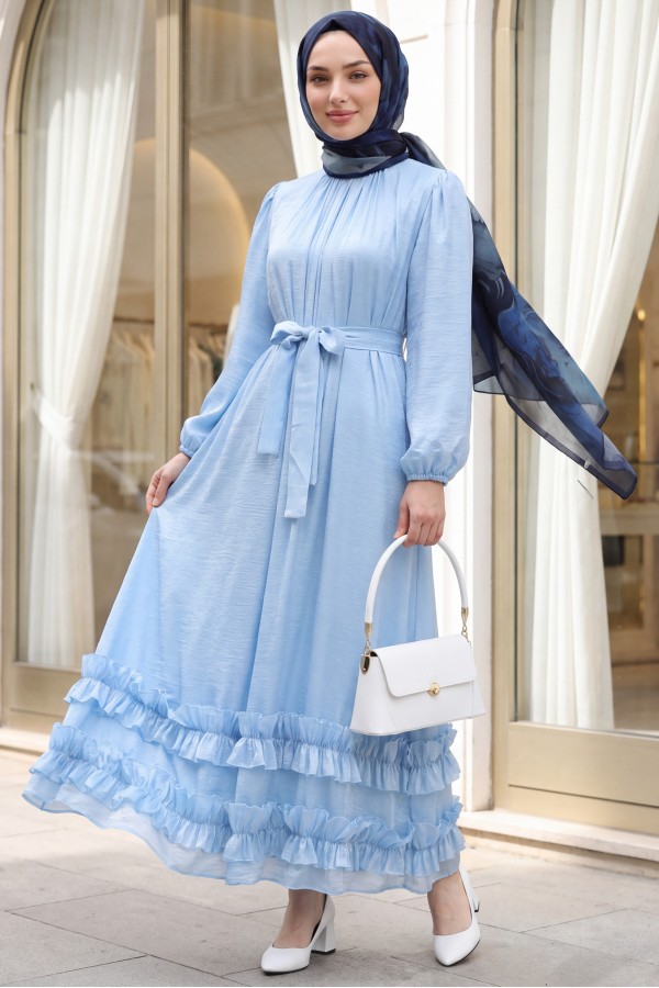 Long dress with ruffled neckline and hem, elasticated sleeves, crinkle crepe lining. -Baby Blue