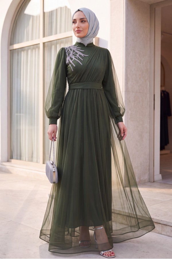 Stone Detailed Draped Belt Tulle Evening Dress      -Khaki