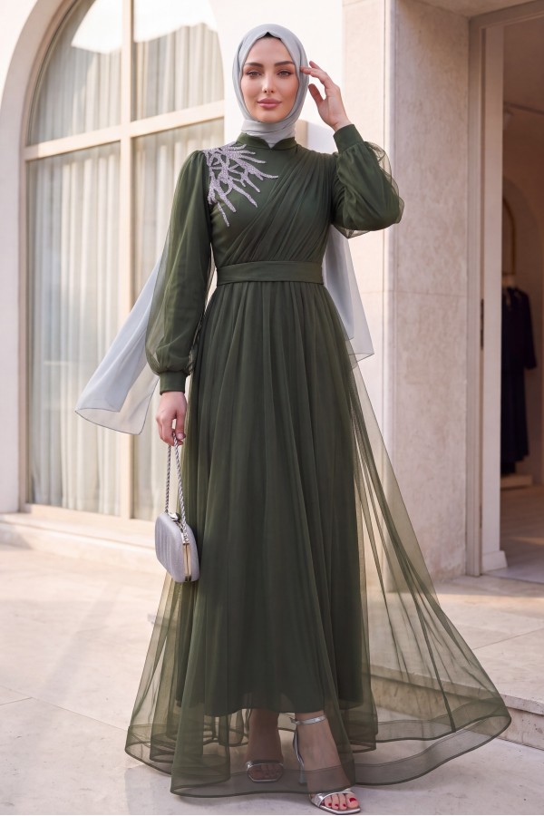 Stone Detailed Draped Belt Tulle Evening Dress      -Khaki