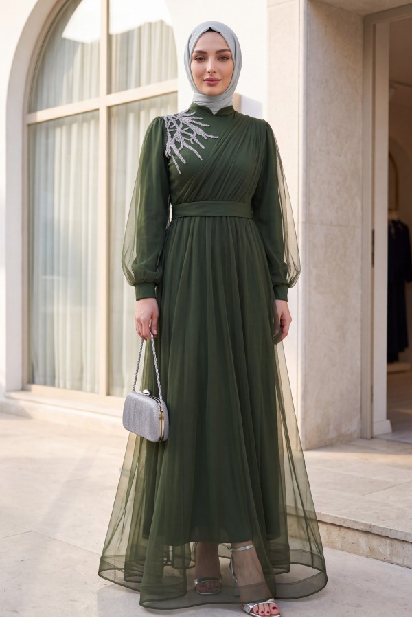 Stone Detailed Draped Belt Tulle Evening Dress      -Khaki