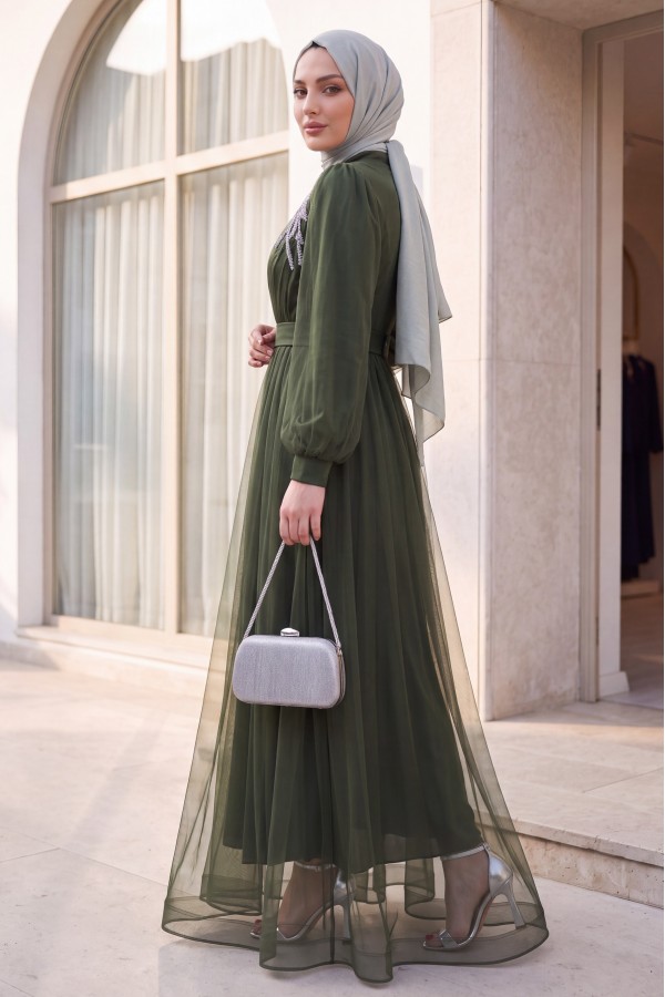 Stone Detailed Draped Belt Tulle Evening Dress      -Khaki