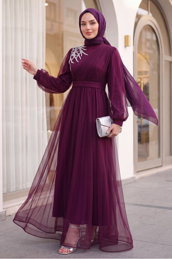 Stone Detailed Draped Belt Tulle Evening Dress      -Damson