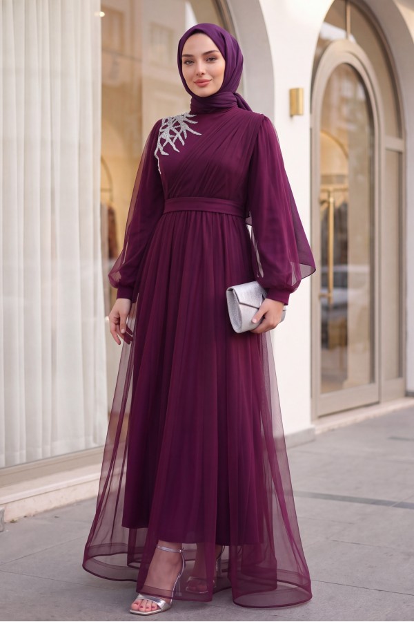 Stone Detailed Draped Belt Tulle Evening Dress      -Damson