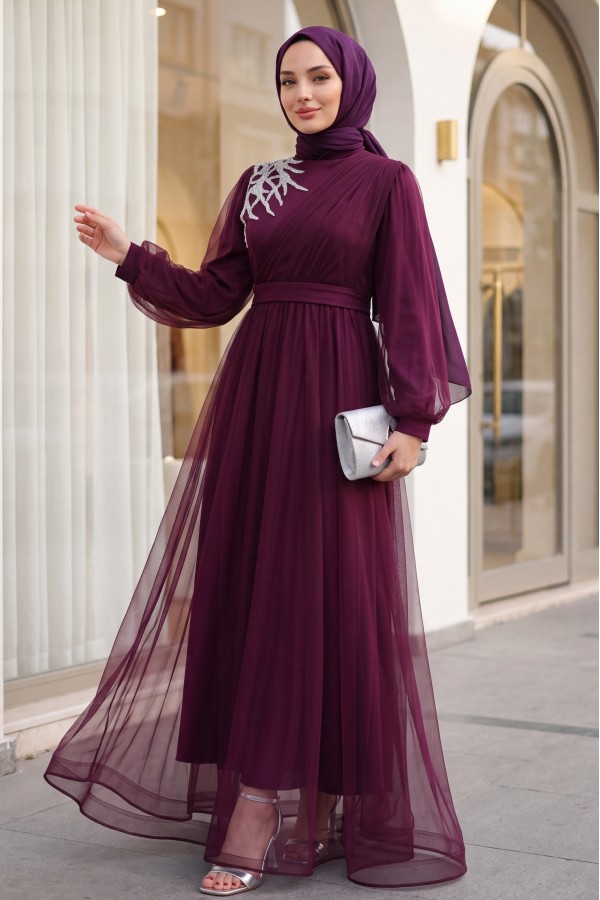 Stone Detailed Draped Belt Tulle Evening Dress      -Damson
