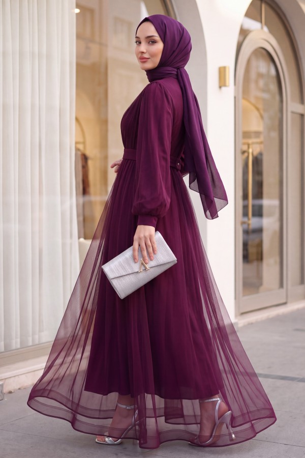 Stone Detailed Draped Belt Tulle Evening Dress      -Damson