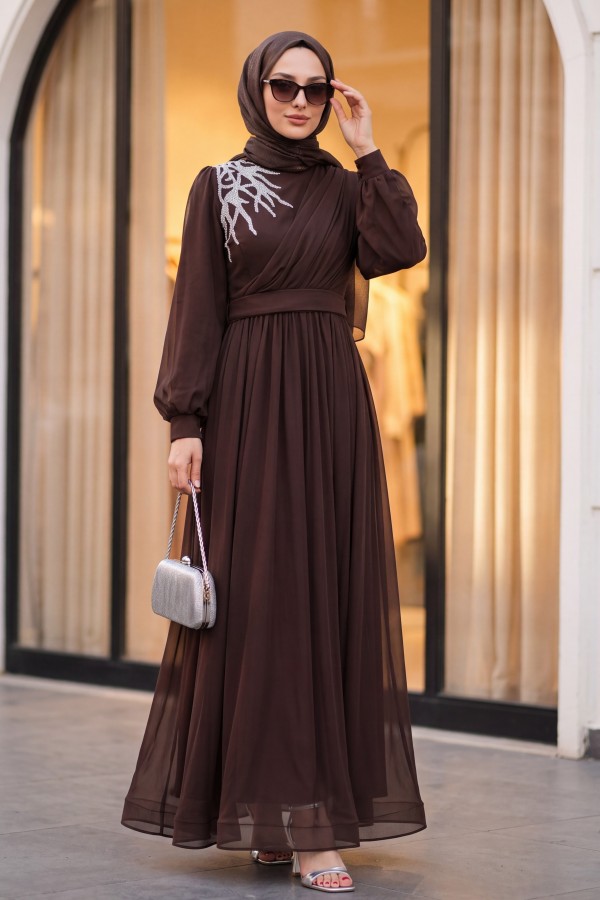 Stone Detailed Draped Belt Tulle Evening Dress        -Brown