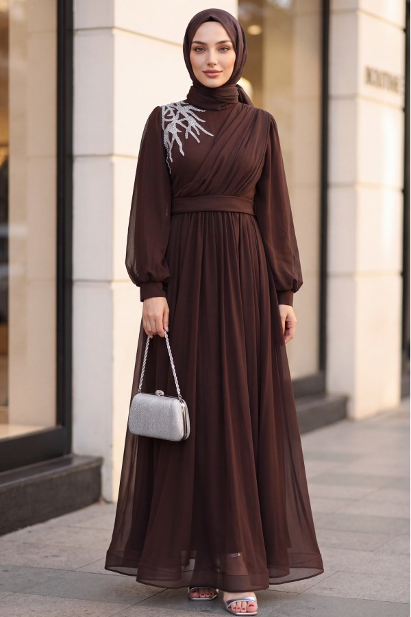 Stone Detailed Draped Belt Tulle Evening Dress        -Brown