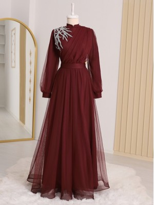 فستان سهرة من التول بحزام رايات بتفاصيل من الأحجار -بوردو