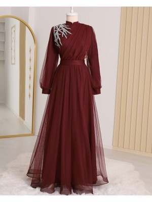 Stone Detailed Draped Belt Tulle Evening Dress -Maroon