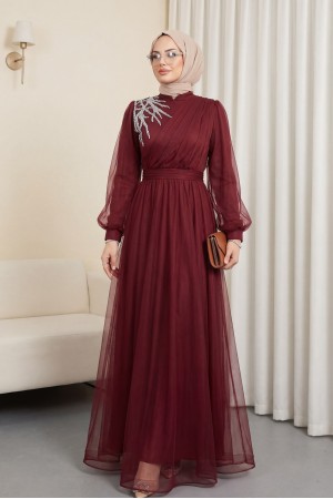 Önü Taş Detaylı Drapeli Kemerli Tül Abiye -Bordo