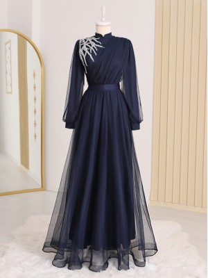 فستان سهرة من التول بحزام رايات بتفاصيل من الأحجار -كحلي