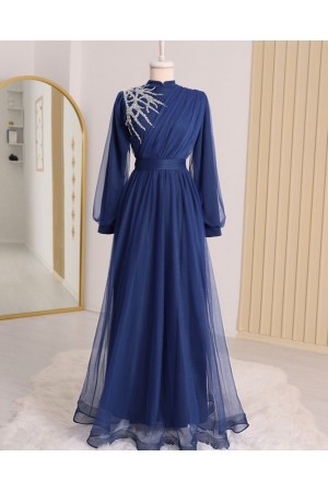 Önü Taş Detaylı Drapeli Kemerli Tül Abiye -Laci