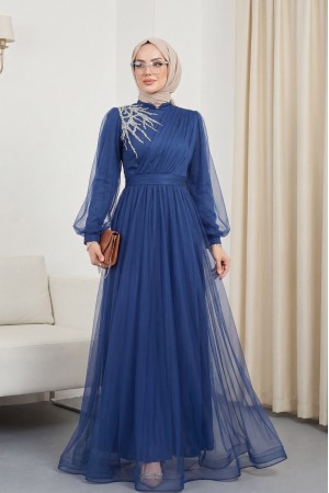 Önü Taş Detaylı Drapeli Kemerli Tül Abiye -Laci