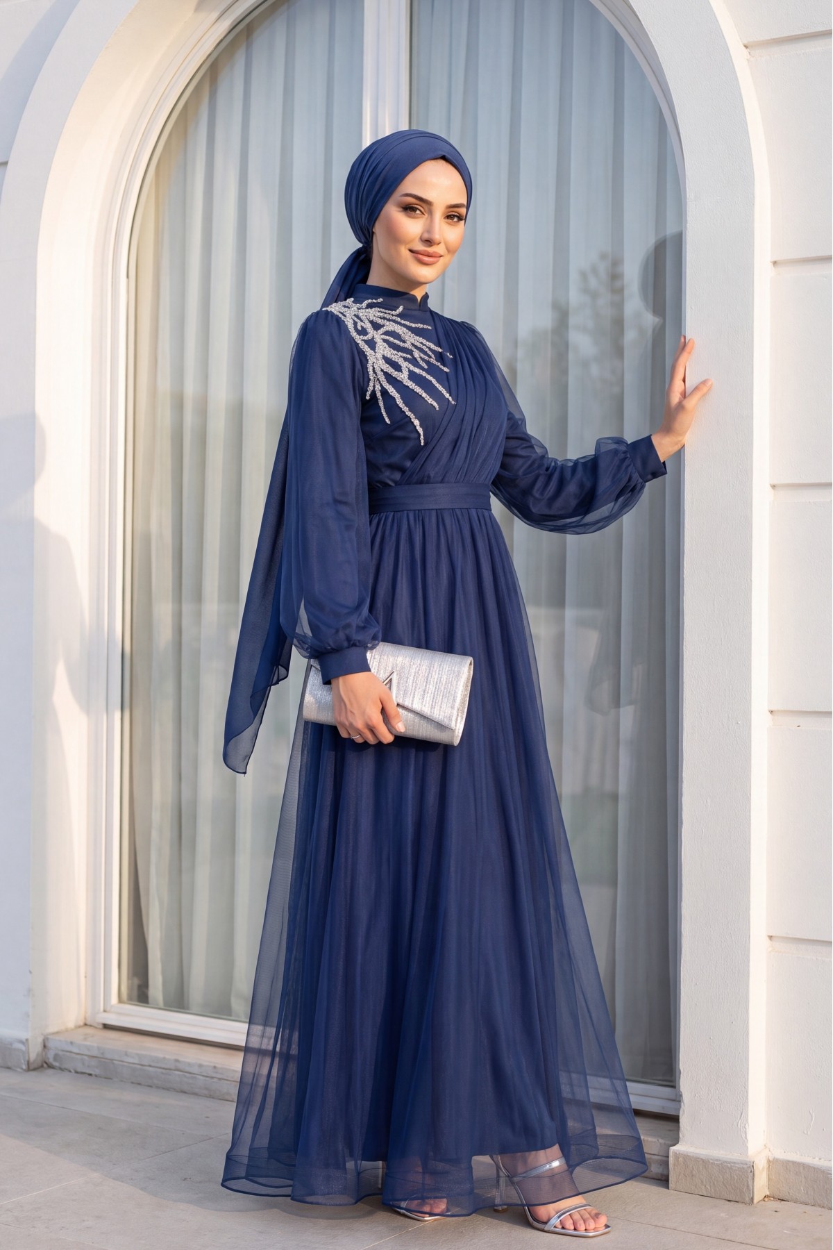 Stone Detailed Draped Belt Tulle Evening Dress -Navy blue