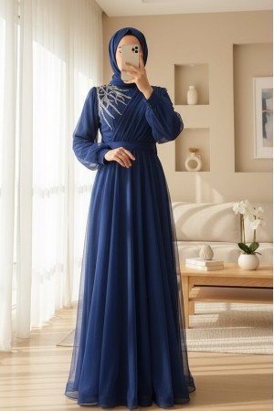 Önü Taş Detaylı Drapeli Kemerli Tül Abiye -Saks