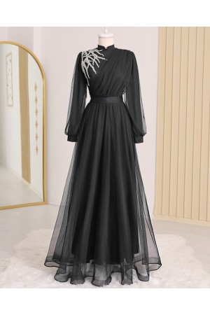Önü Taş Detaylı Drapeli Kemerli Tül Abiye -Siyah