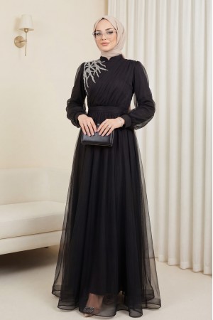 Önü Taş Detaylı Drapeli Kemerli Tül Abiye -Siyah