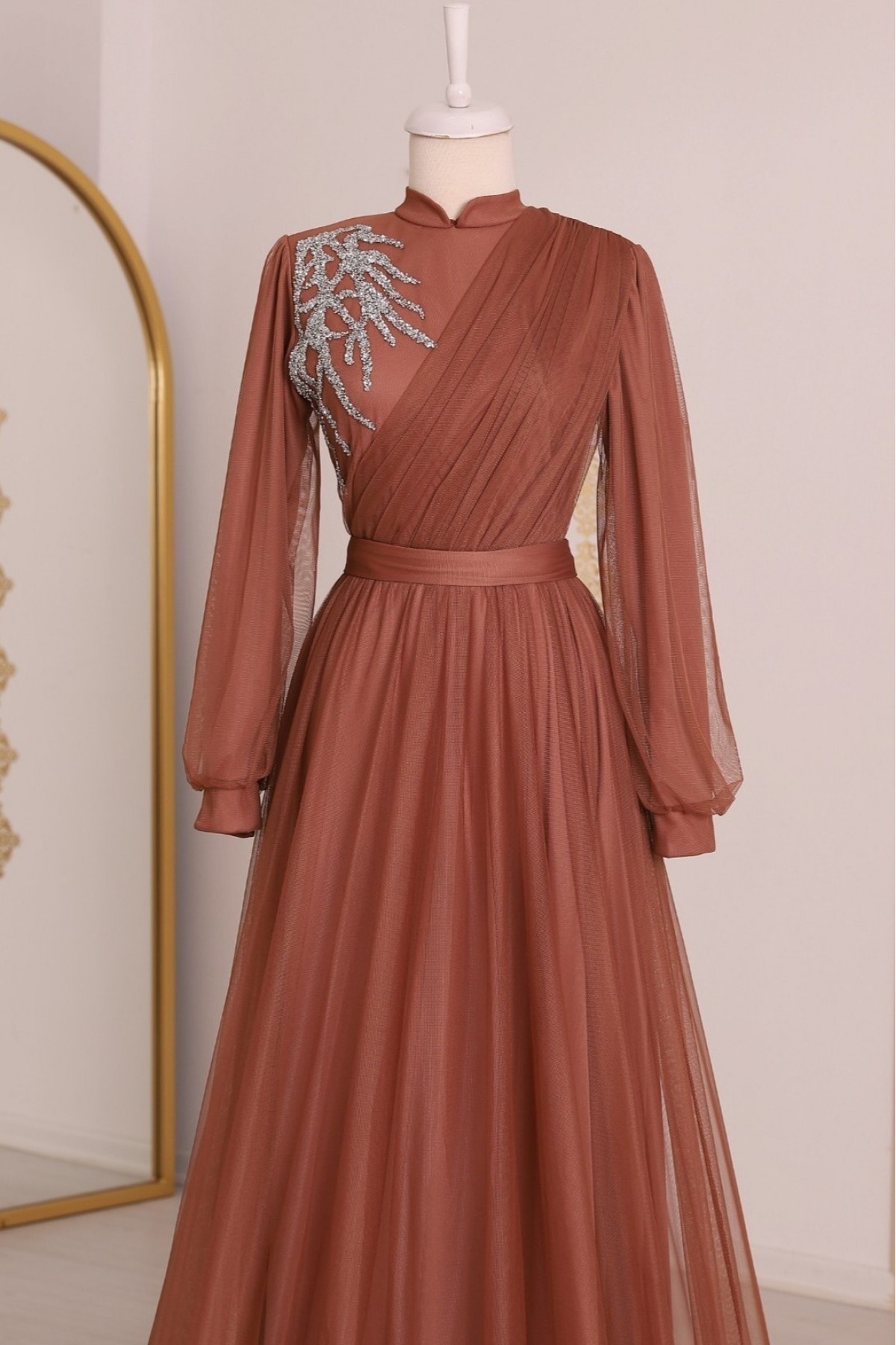 Stone Detailed Draped Belt Tulle Evening Dress -Cinnamon