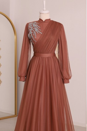 Stone Detailed Draped Belt Tulle Evening Dress -Cinnamon