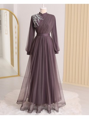 Stone Detailed Draped Belt Tulle Evening Dress -Cherry Color