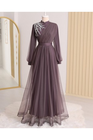 Önü Taş Detaylı Drapeli Kemerli Tül Abiye -Vişne