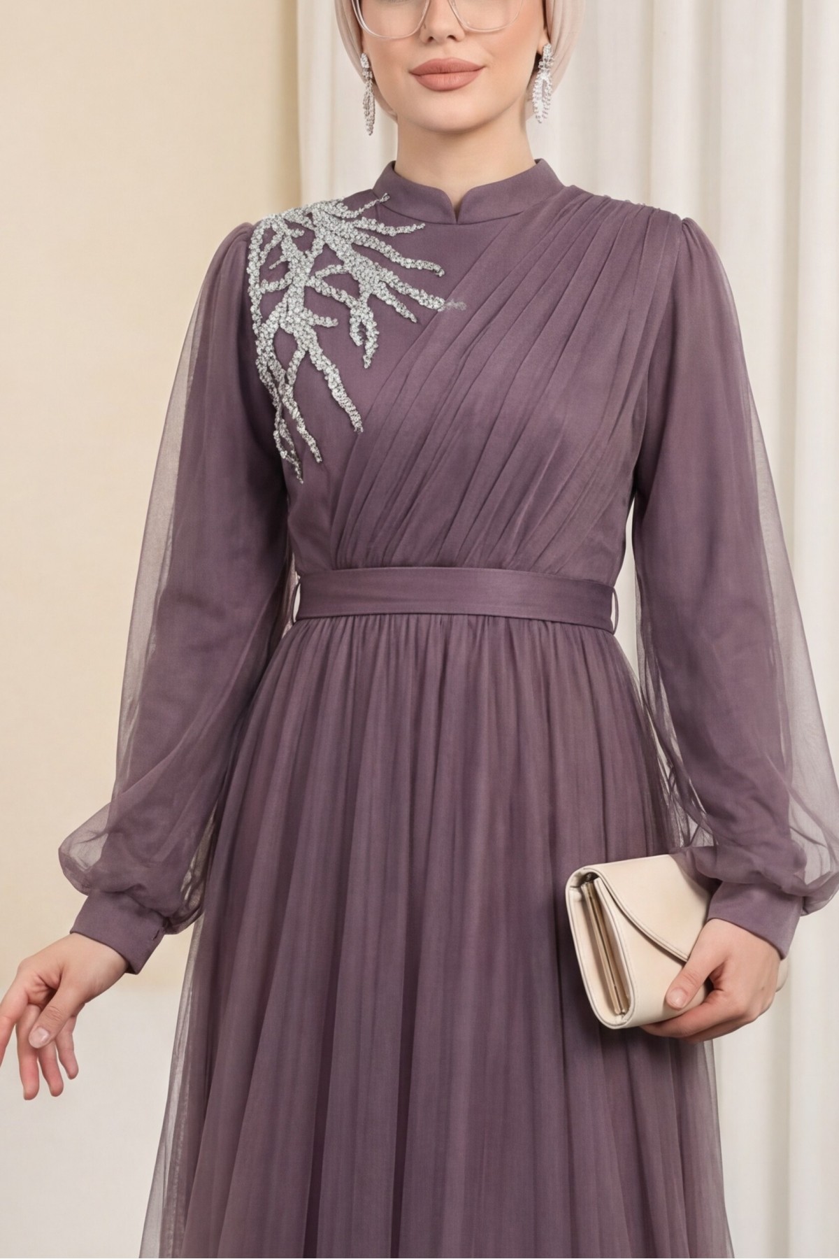 Stone Detailed Draped Belt Tulle Evening Dress -Cherry Color
