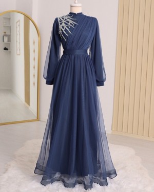 Önü Taş Detaylı Drapeli Kemerli Tül Abiye   -Koyu Mavi