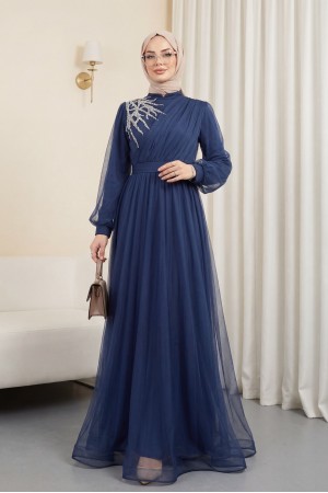 Önü Taş Detaylı Drapeli Kemerli Tül Abiye   -Koyu Mavi