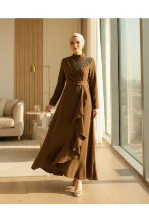 Stony Shoulder Frilly Front Tied Waist Evening Dress -Brown