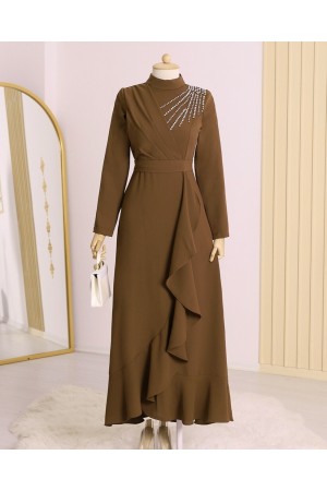 Omuzu Taşlı Önü Fırfırlı Beli Bağcıklı Abiye -Kahve