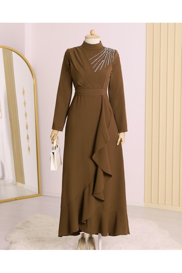 Stony Shoulder Frilly Front Tied Waist Evening Dress -Brown