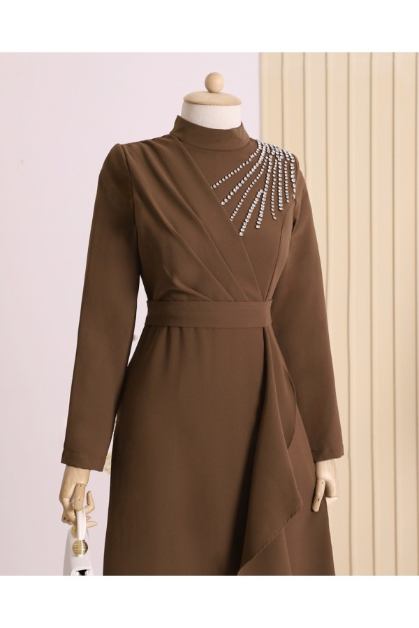 Stony Shoulder Frilly Front Tied Waist Evening Dress -Brown