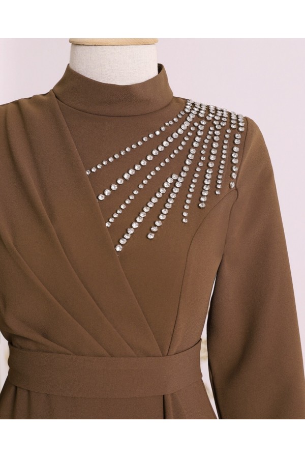 Stony Shoulder Frilly Front Tied Waist Evening Dress -Brown
