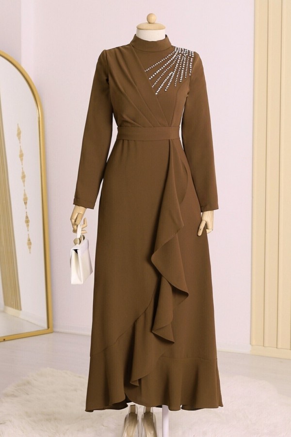Stony Shoulder Frilly Front Tied Waist Evening Dress -Brown