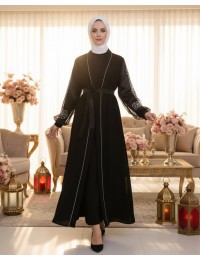 Kolları İnci Taş Detaylı Tesettür Abaya -Siyah
