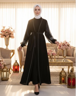 Kolları İnci Taş Detaylı Tesettür Abaya -Siyah