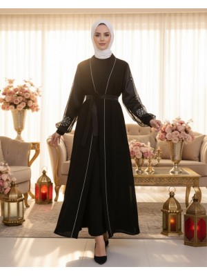 Kolları İnci Taş Detaylı Tesettür Abaya -Siyah