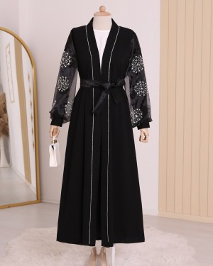 Kolları İnci Taş Detaylı Tesettür Abaya -Siyah