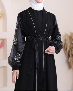 Kolları İnci Taş Detaylı Tesettür Abaya -Siyah
