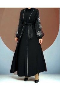 Kolları İnci Taş Detaylı Tesettür Abaya -Siyah