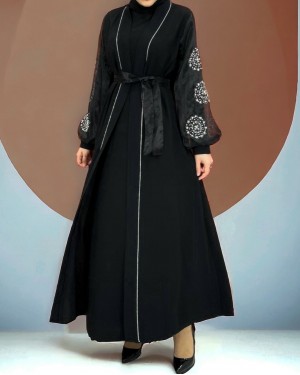 Kolları İnci Taş Detaylı Tesettür Abaya -Siyah