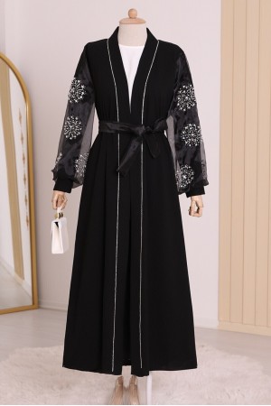 عباية حجاب بأحجار اللؤلؤ مع الأكمام -أسود