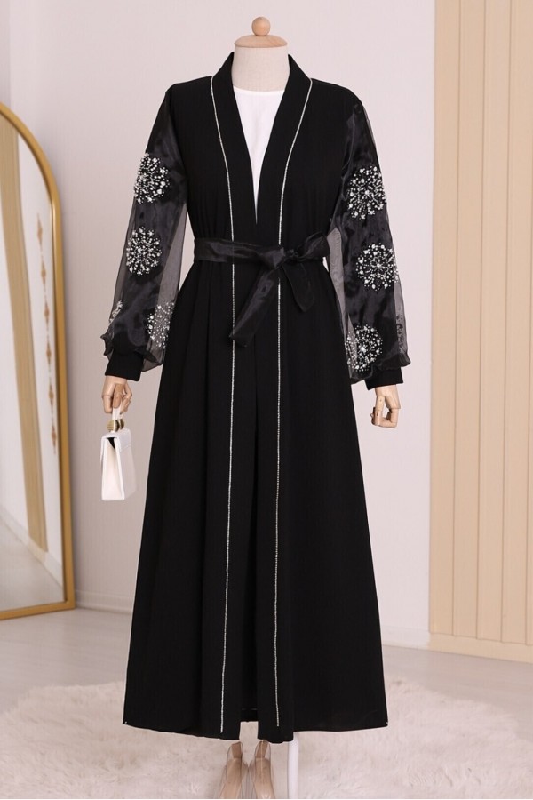 Pearl Stone Detailed Hijab Abaya with Sleeves -Black