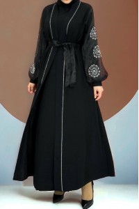 Kolları İnci Taş Detaylı Tesettür Abaya -Siyah